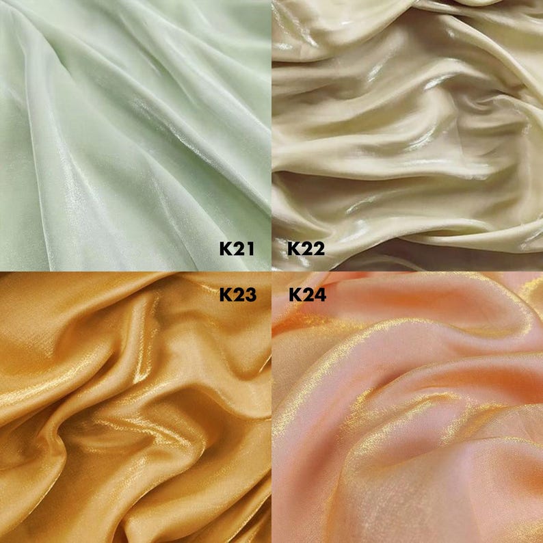 May include: A collage of four fabric swatches with a shimmering, translucent finish. The top left is pale mint green labeled K21, top right is cream labeled K22, bottom left is golden yellow labeled K23, and bottom right is soft peach labeled K24.