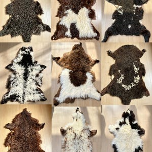 May include: A collection of nine individual sheepskin rugs displayed in a grid. Each rug features distinct natural color patterns, including solid dark brown, black and white spotted, and mottled cream and brown textures with long, curly wool.