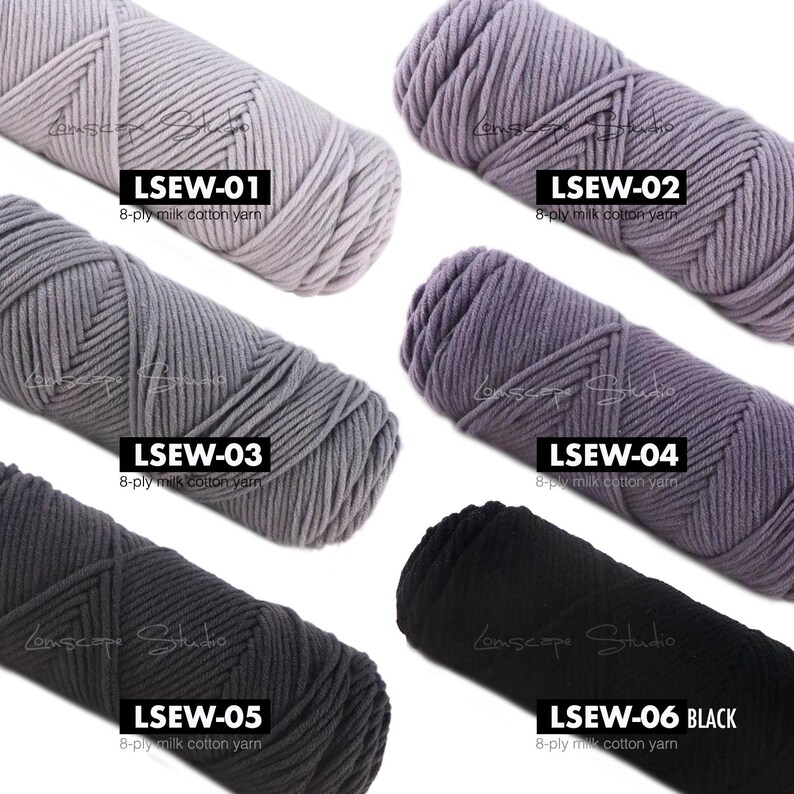 May include: A collection of six skeins of 8-ply milk cotton yarn in various shades of gray, purple, and black. Each skein is labeled with a unique code: LSEW-01, LSEW-02, LSEW-03, LSEW-04, LSEW-05, and LSEW-06 BLACK. The yarn is tightly wound, suggesting it's ready for knitting or crochet projects.