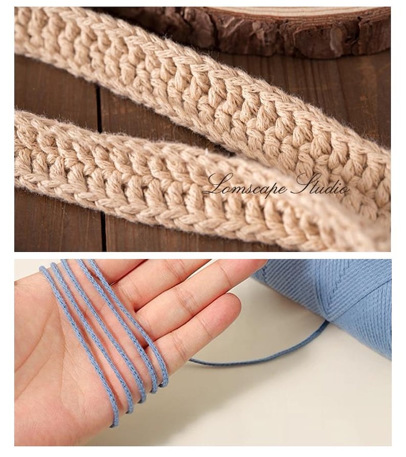 May include: Close-up of two beige knitted straps and blue yarn. The straps are thick and textured, with a woven pattern. The blue yarn is thin and appears to be made of multiple strands. The text "Lomscape Studio" is visible on the straps.