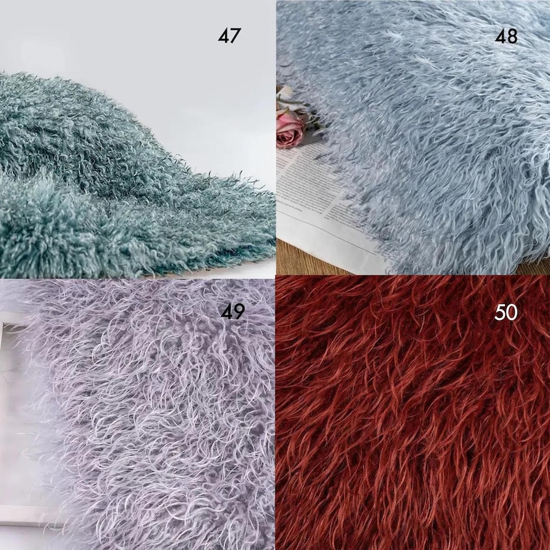 May include: A collage of four swatches of long-pile faux fur fabric. Number 47 is teal, number 48 is light blue, number 49 is lavender, and number 50 is a deep rust red. Each section displays the dense, curly, and shaggy texture of the material.