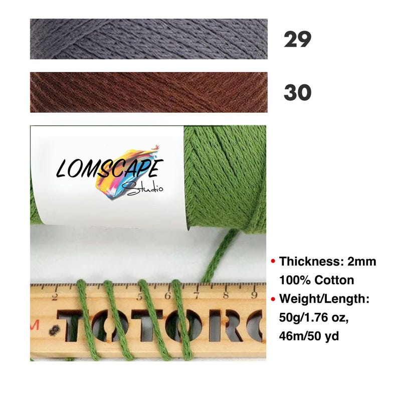May include: Image of three yarn skeins in gray, brown, and green. The green yarn is measured with a wooden ruler. The label reads "LOMSCAPE Studio". The text on the right indicates the yarn is 2mm thick, 100% cotton, and 50g/1.76 oz, 46m/50 yd.