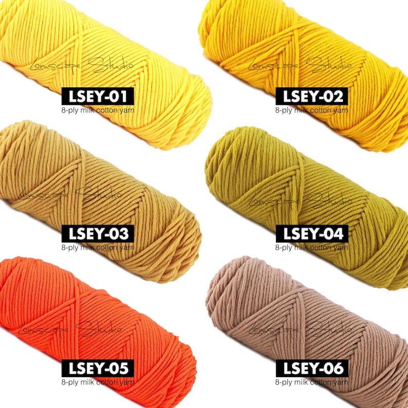 May include: A collection of six skeins of 8-ply milk cotton yarn in various colors. The colors include yellow, mustard, orange, olive green, and brown. Each skein is labeled with a code: LSEY-01, LSEY-02, LSEY-03, LSEY-04, LSEY-05, and LSEY-06.