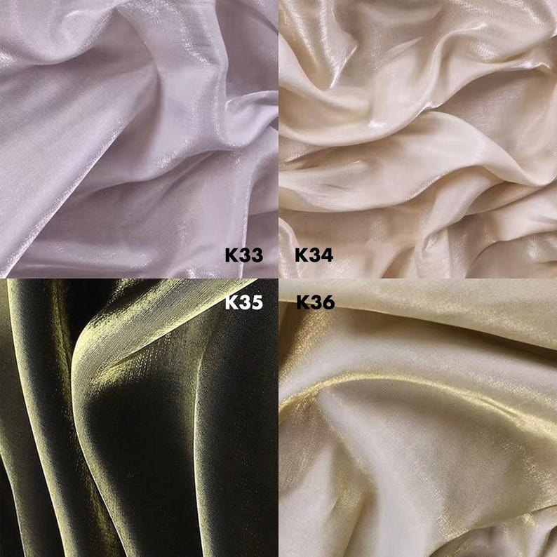 May include: A four-panel grid showing fabric swatches with a shimmering, metallic finish. The top left is labeled K33 in white, top right K34, bottom left K35, and bottom right K36. The fabrics display folds and creases in white, cream, dark olive, and gold.