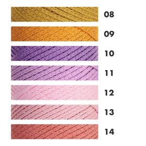 May include: A color palette of yarn skeins in shades of gold, orange, purple, pink, and coral. Each color is labeled with a number from 08 to 14, providing a visual guide for crafting projects. The yarn appears soft and textured.