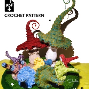May include: A crochet pattern for whimsical mushroom figures. The image shows a variety of colorful, handmade mushrooms in red, green, yellow, blue, and purple. The mushrooms have detailed caps and stems, and are arranged on a green base. The text "CROCHET PATTERN" is visible.
