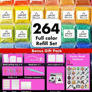 Könnte beinhalten: Ein 264-teiliges Nachfüllset mit kleinen Kunststoffperlen in verschiedenen Farben, jeweils in einem beschrifteten Beutel. Das Bonus-Geschenkpaket enthält vier Sortierschalen, einen Perlenstift, zwei quadratische Steckplatten, sechs Haken und Pinzetten.