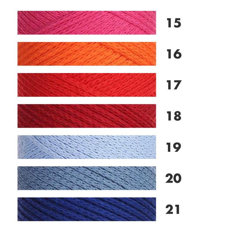 May include: A color chart of yarn skeins in various shades of pink, orange, red, blue, and navy. Each color is labeled with a number from 15 to 21. The yarn appears to be soft and suitable for knitting or crochet projects.