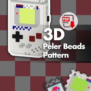May include: A digital PDF pattern for 3D Peler Beads. The image features a pixelated white handheld game console design with a black cross-shaped control, red buttons, and a green screen. The text "3D Peler Beads Pattern" is displayed.