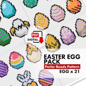 Bundel met 21 paaskralenpatroonparels | 21 schattige ontwerpen voor konijneneieren | Strijkkralen pdf | Kandi-patroon | Knutselen voor kinderen | Direct downloaden