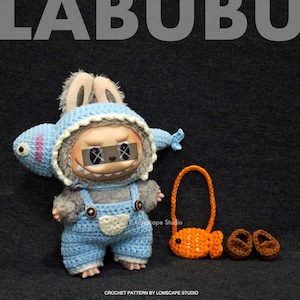 Labubu Outfit Crochet Pattern Fish Hat Stylish Clothes for Collectible Doll Amigurumi Doll Clothes Labubu Cosplay Tutorial Hat Overalls Bag