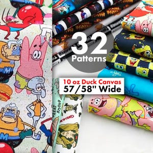May include: A collection of fabric rolls featuring various cartoon character patterns. The image displays 32 different designs, including characters from a popular animated series. The fabric is 57/58 inches wide and made of 10 oz duck canvas.