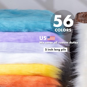 May include: A close-up of colorful faux fur fabric in shades of blue, purple, white, yellow, and orange. The text indicates 56 colors are available, with a 2-inch pile length. The image also includes the text "US" and "We cover all custom duties."