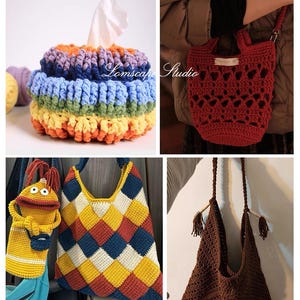 May include: A collage of handmade crochet items. Includes a rainbow-colored tissue box cover, a red open-weave tote bag, a yellow puppet bag, a geometric patterned tote bag, and a brown shoulder bag with tassels.