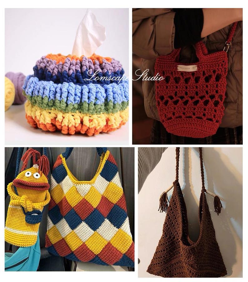 May include: A collage of handmade crochet items. Includes a rainbow-colored tissue box cover, a red open-weave tote bag, a yellow puppet bag, a geometric patterned tote bag, and a brown shoulder bag with tassels.
