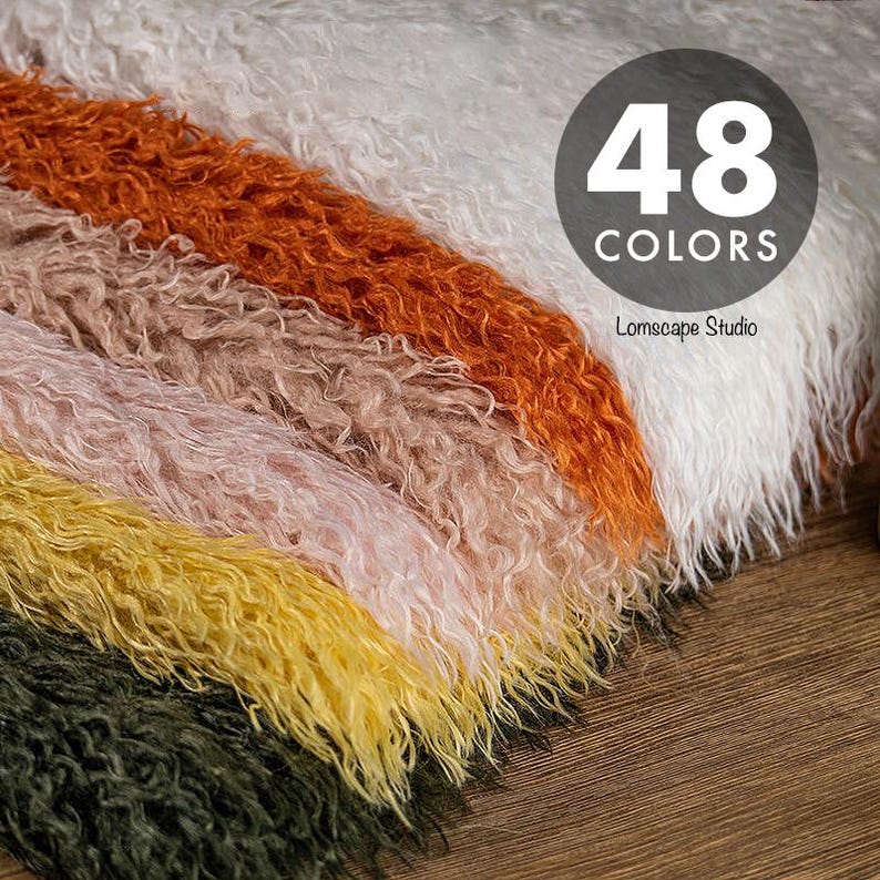 May include: A collection of shaggy faux fur fabric swatches in white, orange, light pink, yellow, and dark green. A circular graphic overlay displays the text 48 COLORS and Lomscape Studio in white and black lettering against a gray background.
