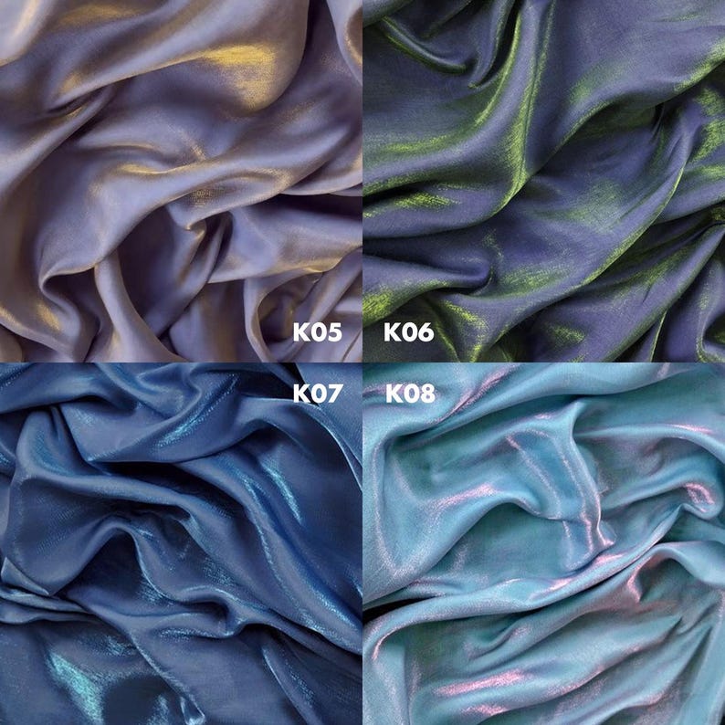May include: A grid of four fabric swatches with a shimmering, iridescent finish. Top left K05 is light purple, top right K06 is dark blue with green highlights, bottom left K07 is medium blue, and bottom right K08 is light blue with pink tones.