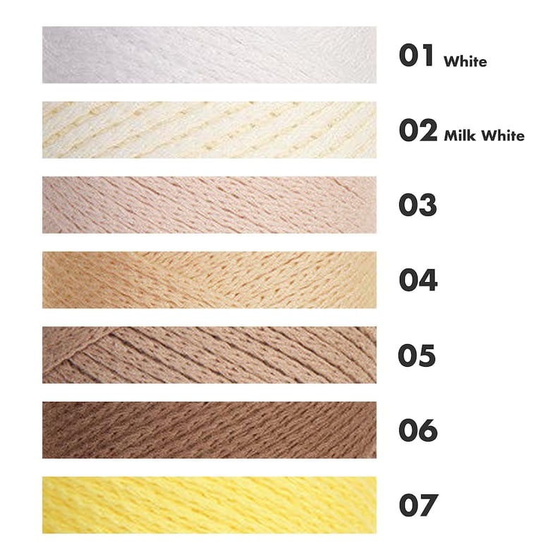 May include: A color chart of seven yarn samples. The colors include white, milk white, light pink, tan, light brown, dark brown, and yellow. Each color is labeled with a number and a name.