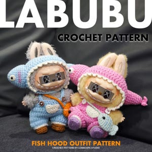 Fish Hat Labubu Outfit Crochet Pattern Stylish Clothes for Collectible Doll Amigurumi Doll Clothes Labubu Cosplay Tutorial Hat Overalls Bag