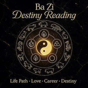 Puede incluir: Un gráfico dorado con el texto "Ba Zi Destiny Reading" y las palabras "Life Path • Love • Career • Destiny" sobre un fondo de mármol negro. El gráfico presenta un símbolo central de Yin Yang rodeado de ilustraciones de animales del zodiaco.