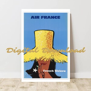 Póster vintage de la Riviera Francesa con arte mural de viajes de Air France, para imprimir en tamaño A1, impresión grande