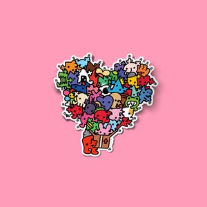 May include: A colorful doodle heart filled with various cartoon characters, monsters, and creatures. A red cartoon character with a box is holding the heart.