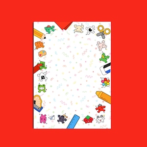May include: A white background with a colorful border of school supplies and cartoon characters. The border includes a pencil, scissors, a ruler, crayons, a paintbrush, a paint palette, a frog, a skull, a flower, and a red apple. The background is filled with confetti and squiggly lines.