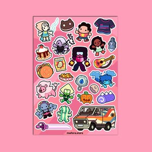 May include: A sheet of colorful stickers featuring cartoon characters, food items, and a van. The stickers are on a pink background. The stickers include a character with a sword, a character with a water stream, and a character with a guitar.