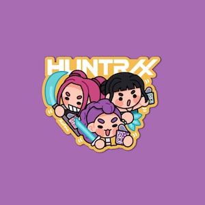 May include: A sticker featuring three cartoon characters with different hair colors: pink, black, and purple. They are holding blue swords and small containers. The sticker has the word "HUNTRA" in white and yellow, with a purple background.