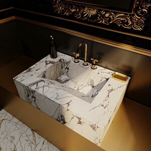 Modernes Waschbecken im Bad aus Calacatta Viola Marmor: Sondergröße Naturstein Wand Montiert Becken