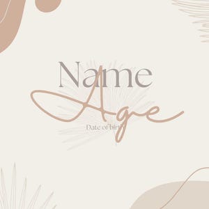 Op de afbeelding: Een minimalistische beige en bruine printbare kaart met de woorden "Naam" en "Leeftijd" in een modern lettertype. De kaart heeft een eenvoudig ontwerp met abstracte vormen en palmbladeren illustraties.