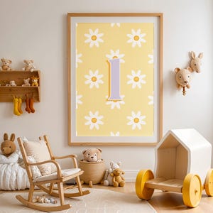 Póster digital con inicial L para habitación infantil / Fondo floral de margaritas / Amarillo y morado