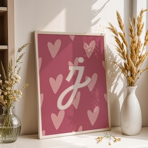 Print digital con inicial J para habitación infantil / Corazones / Rosa y rojo / Barbie / lámina imprimible