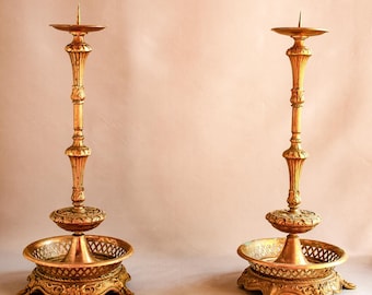 Pair of original brass candlesticks. Antique candlesticks. Vintage candle holders. Unique pair.
