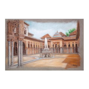 Zeichnung der Alhambra. Hof der Löwen. Alhambra-Gemälde. Gemälde „Hof der Löwen“. Granada Alhambra. Alhambra-Gemälde.