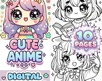 10 lindas páginas para colorear de chicas chibi de anime / Páginas para colorear para todas las edades / Descarga digital
