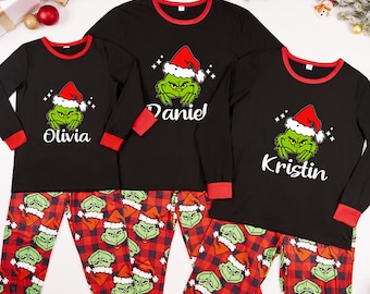 Personalized Family Grinch Christmas Pajamas Set, Custom Name Matching Holiday PJs, Christmas Family Pajamas Gift, Xmas Family Pajama  Set