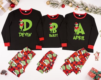 Conjunto de pijamas navideñas familiares del Grinch, pijamas navideñas personalizadas a juego, camiseta personalizada con nombre del Grinch, conjunto de pijamas navideñas familiares, regalos de Navidad