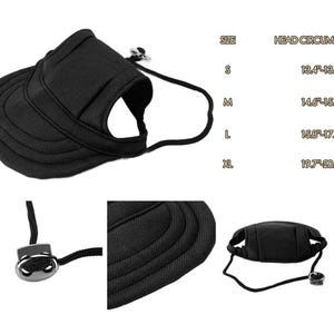 May include: Black adjustable dog hat with a brim and a strap that goes under the chin. The hat has a size chart with measurements in inches.