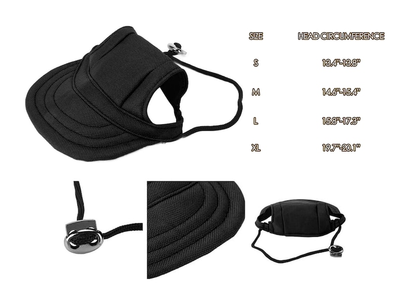 May include: Black adjustable dog hat with a brim and a strap that goes under the chin. The hat has a size chart with measurements in inches.