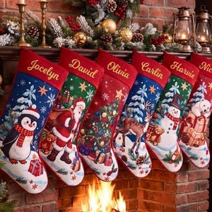 Op de afbeelding: Zes gepersonaliseerde kerstsokken hangen op een rij, elk met een rode boord en goud geborduurde namen: Jocelyn, David, Olivia, Carlin, Harvie en Nicola. De sokken tonen feestelijke scènes met een pinguïn, de Kerstman, een versierde boom, een rendier, een sneeuwpop en een ijsbeer.