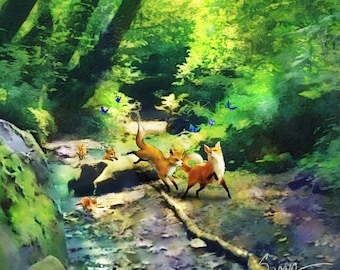 Frolicking Foxes by Susan Schroder-Fantasy Art Print -