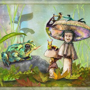 Puede incluir: Una ilustración caprichosa de una rana verde sentada en una roca, mirando un hongo grande con una cara humana. Dos figuras están encaramadas en la parte superior del hongo, y una pequeña oruga colorida está en un hongo más pequeño.