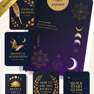 May include: A bundle of dark blue journals and guides featuring gold celestial, floral, and butterfly illustrations. Titles include Journal Prompts, Mindset & Affirmations, Deeper Dives, How To Use This Journal, Quick Start Guide, and All-In-One Productivity & Self-Accountability Journal.