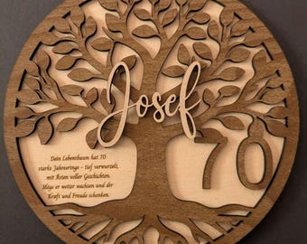 Regalo de cumpleaños de madera personalizado: Árbol de la Vida con nombre, edad y texto personalizado.