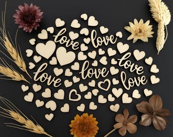Decoraciones de madera para bodas, corazones de madera, adornos de mesa, confeti de madera, Día de San Valentín