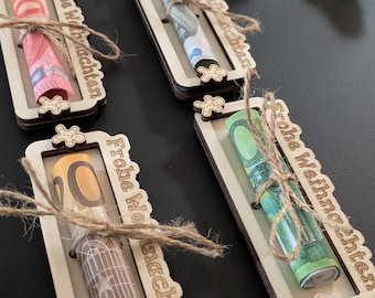 Envoltorio de regalo navideño, regalo con dinero, regalo de chocolate, regalo de Navidad, envoltorio de regalo de madera personalizado