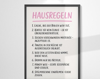 Hausregeln Poster | Lustiges Wandbild mit Sprüchen |Humorvolle Deko für Küche, Wohnzimmer & Flur |Geschenkidee Familie |Witziges Sprüchebild
