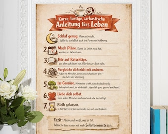 Funny, sarcastic poster "A Short Guide to Life" – Humorous wall decoration with a saying – Funny gift idea for the kitchen, office & home office