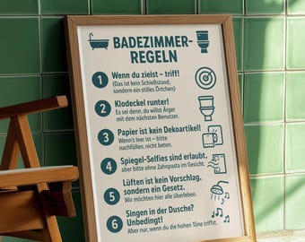 Funny bathroom poster with sayings – Modern bathroom rules decor | Witty guest toilet mural | Humorous bathroom gift